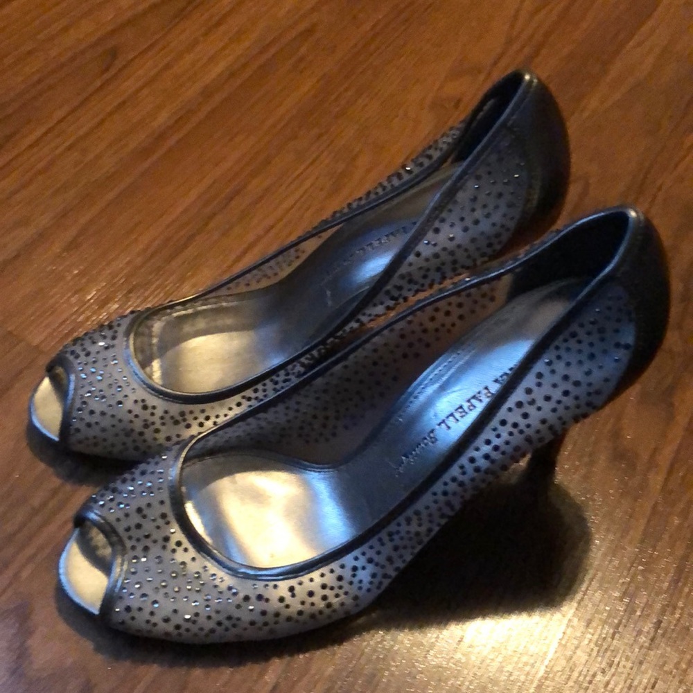 Pewter and sheer with crystal accent heels, Sz 9.5